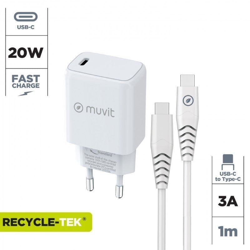 Cargador de Pared Muvit For Change MCPAK0044/ 1xUSB Tipo-C + Cable USB Tipo-C/ 20W - изображение 2