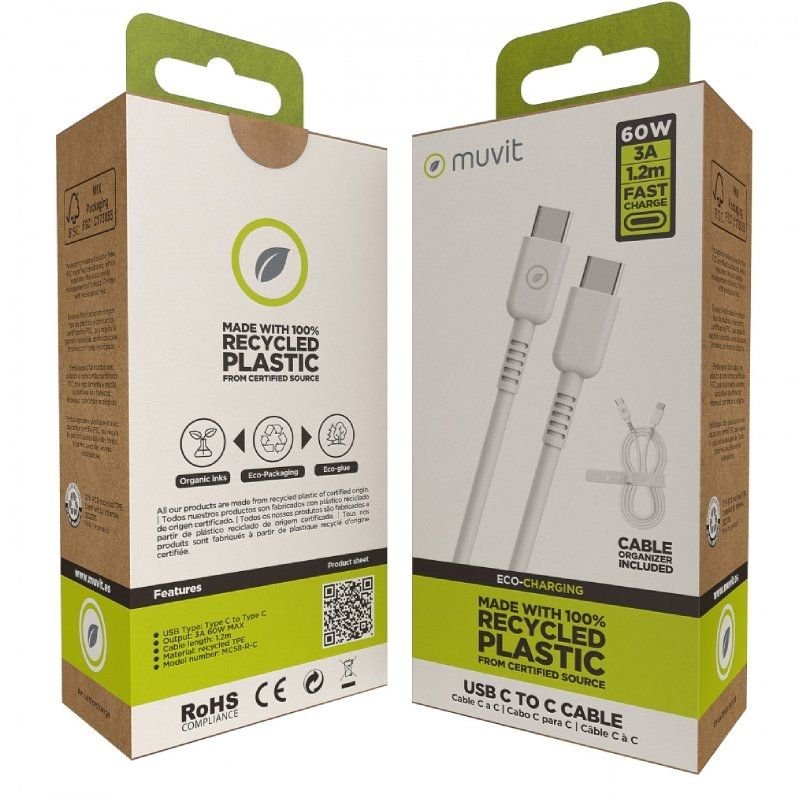 Cable USB 2.0 Tipo-C Muvit For Change MCUSC0008/ USB Tipo-C Macho - USB Tipo-C/ Hasta 60W/ 1.2m/ Blanco - изображение 4