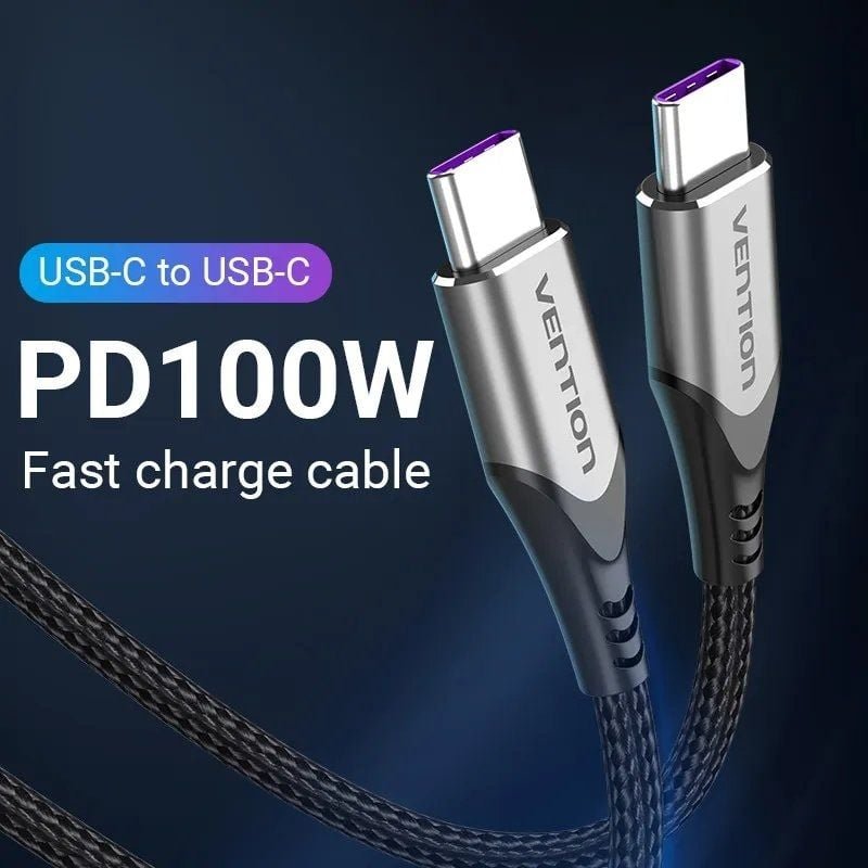Cable USB 2.0 Tipo-C 5A 100W Vention TAEHF/ USB Tipo-C Macho - USB Tipo-C Macho/ Hasta 100W/ 480Mbps/ 1m/ Gris - изображение 2