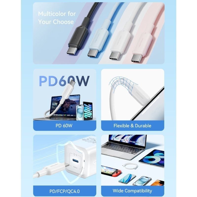 Cable USB 2.0 Tipo-C 3A Vention TRCSF/ USB Tipo-C Macho - USB Tipo-C Macho/ Hasta 60W/ 480Mbps/ 1m/ Azul - изображение 3