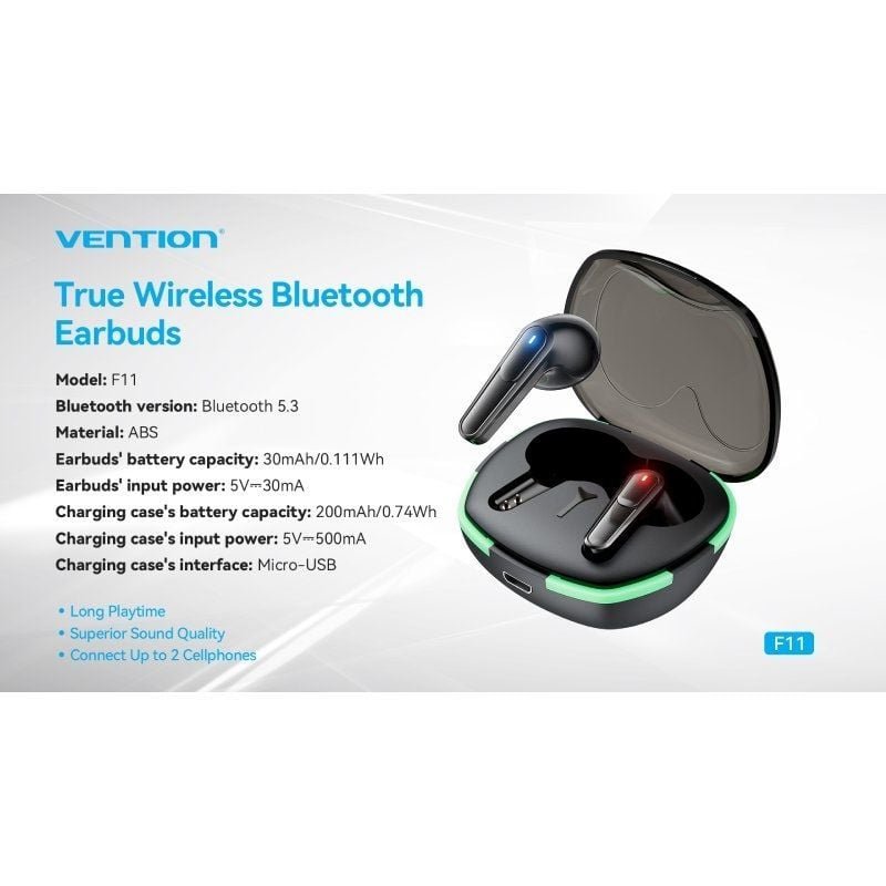 Auriculares Bluetooth Vention AIR A02 F11B0 con estuche de carga/ Autonomía 7h/ Negros - изображение 3
