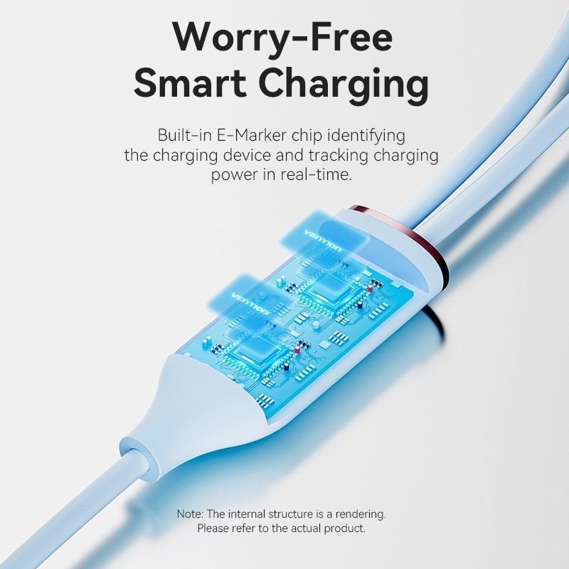 Cable USB Tipo-C Vention CTMSG/ USB Tipo-C Macho - 2 x USB Tipo-C Macho/ Hasta 100W/ 480Mbps/ 1.5m/ Azul - изображение 3
