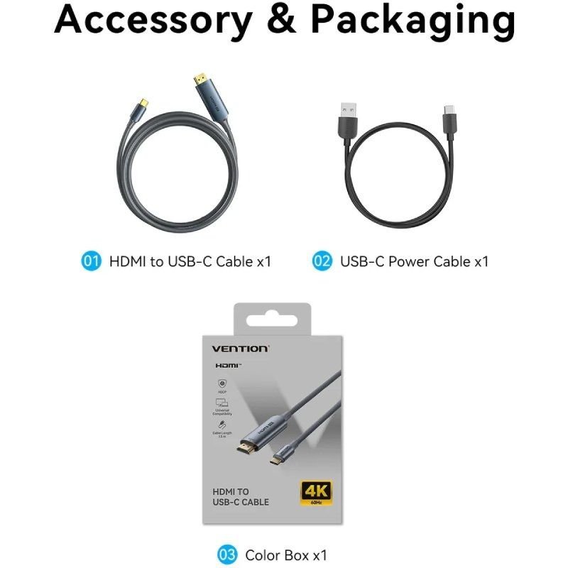 Cable Conversor HDMI 2.0 4K Vention ABLHG/ USB Tipo-C Macho - HDMI Macho/ USB Tipo-C PD 1.5m/ Gris