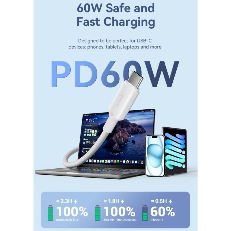 Cable USB 2.0 Tipo-C 3A Vention TRCSH/ USB Tipo-C Macho - USB Tipo-C Macho/ Hasta 60W/ 480Mbps/ 2m/ Azul - изображение 4