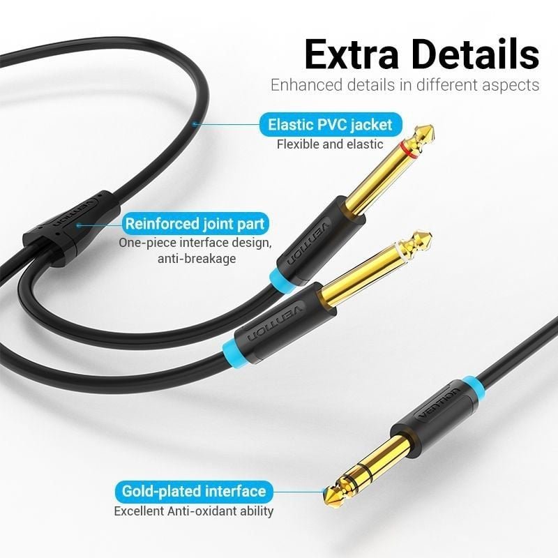 Cable Estéreo Vention BATBH/ Jack 6.35 Macho - 2x Jack 6.35 Macho/ 2m/ Negro - изображение 3