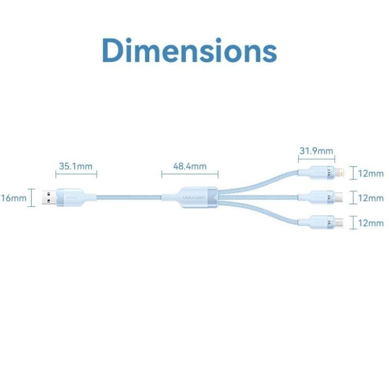 Cable USB 2.0 Lightning Vention CTPLG/ USB Macho/ USB Tipo-C Macho - MicroUSB Macho - Lightning Macho/ 1.5m/ Azul - изображение 3