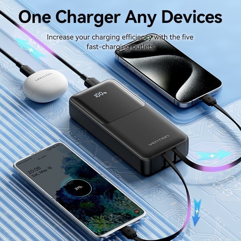 Powerbank 20000mAh Vention FHPB0/ 22.5W/ Negra/ Incluye Cable USB TIpo-C y Lightning - изображение 5