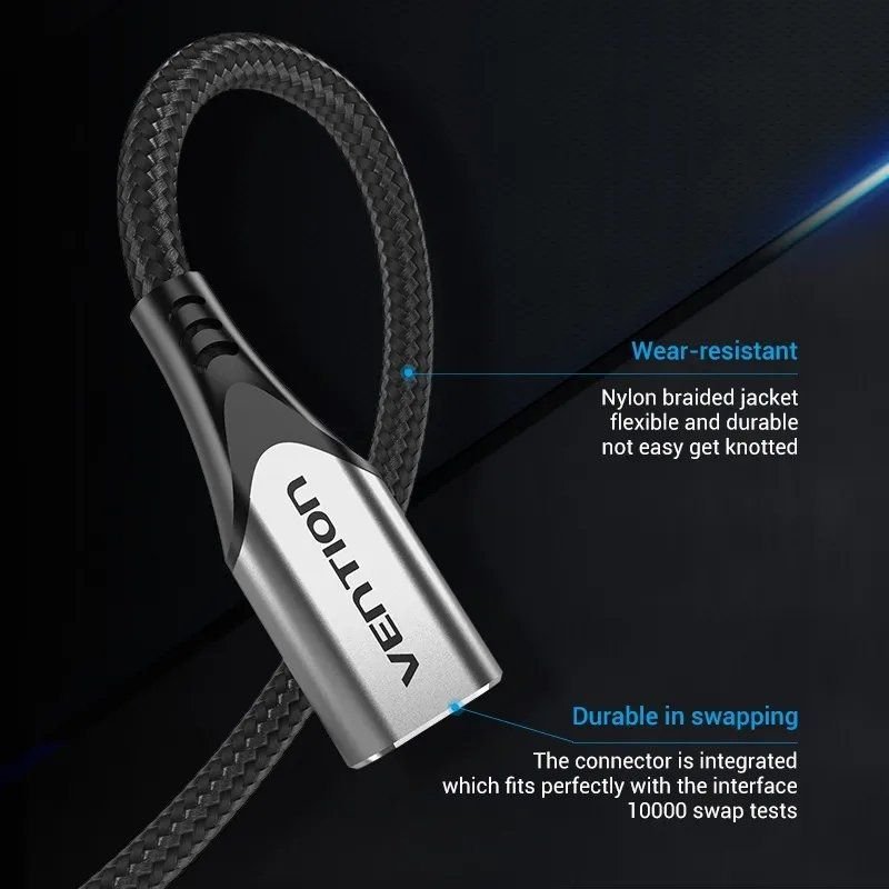 Cable Alargador USB 3.1 Tipo-C Vention TABHF/ USB Tipo-C Macho - USB Tipo-C Hembra/ Hasta 60W/ 5Gbps/ 1m/ Gris - изображение 2
