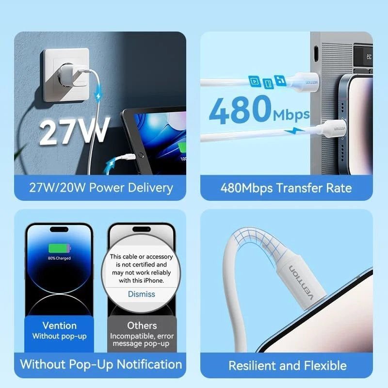 Cable USB 2.0 Tipo-C Lightning Vention LAJWF/ USB Tipo-C Macho - Lightning Macho/ Hasta 27W/ 480Mbps/ 1m/ Blanco - изображение 3