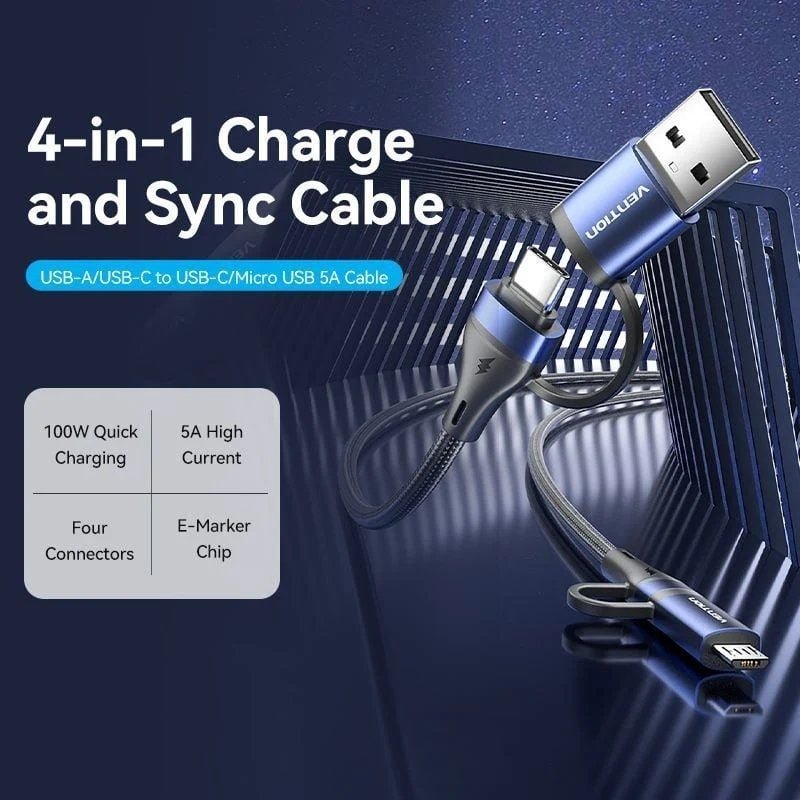 Cable USB 2.0 Tipo-C Vention CTLLF/ USB Tipo-C Macho - USB Macho/ MicroUSB Macho - USB Tipo-C Macho/ Hasta 100W/ 480Mbps/ 1m/ Negro y Azul - изображение 2