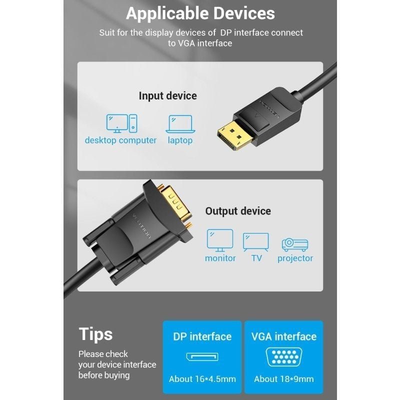 Cable Conversor Vention HBLBJ/ VGA Macho - DisplayPort Macho/ 5m/ Negro - изображение 3