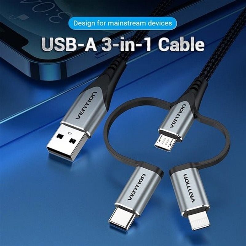 Cable USB 2.0 Tipo-C Vention CQJHF/ USB Macho/ USB Tipo-C Macho - MicroUSB Macho - Lightning Macho/ 480Mbps/ 1m/ Gris - изображение 2