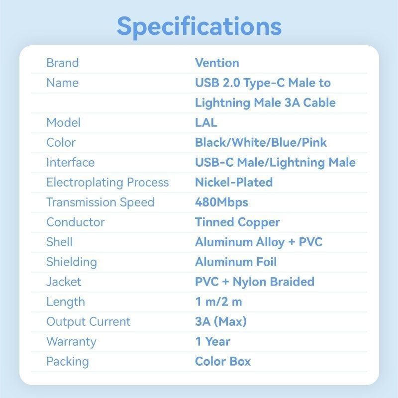 Cable USB Tipo-C Lightning Vention LALBH/ USB Tipo-C Macho - Lightning Macho/ 27W/ 480Mbps/ 2m/ Negro - изображение 2