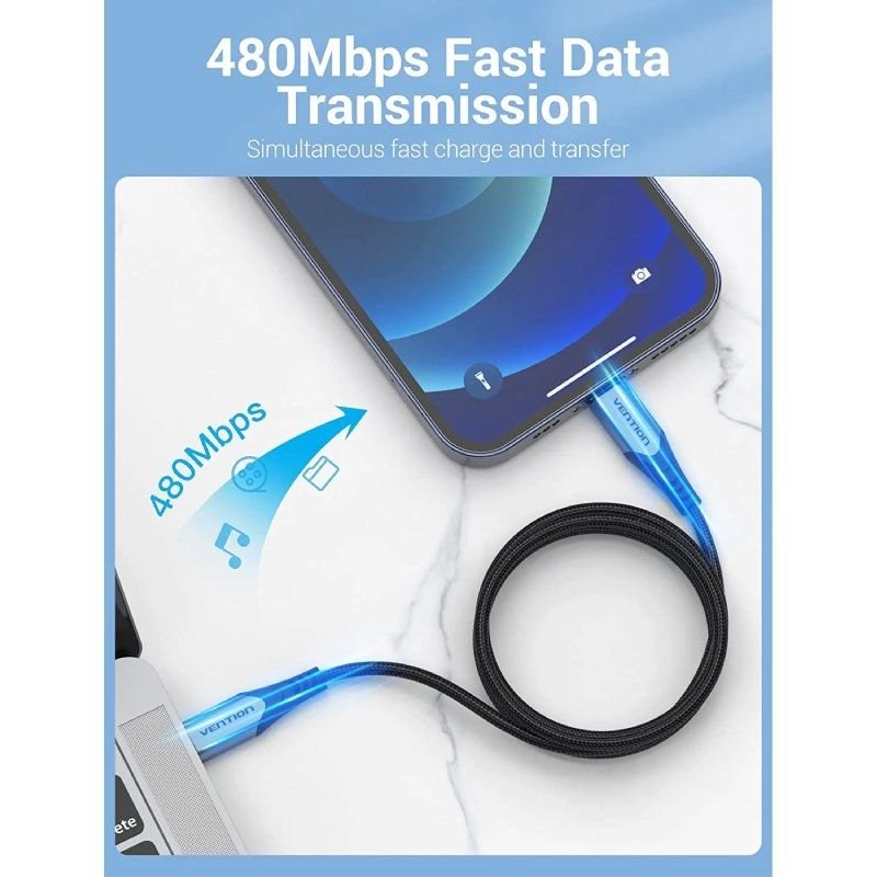 Cable USB 2.0 Tipo-C Lightning Vention TACHH/ USB Tipo-C Macho - Lightning Macho/ Hasta 27W/ 480Mbps/ 2m/ Gris y Negro - изображение 3