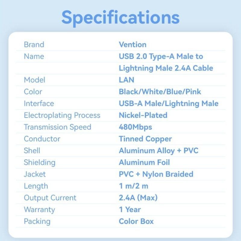Cable USB Lightning Vention LANWH/ USB Macho - Lightning Macho/ 480Mbps/ 2m/ Blanco - изображение 3
