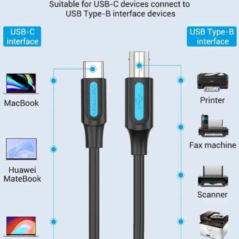 Cable USB 2.0 Impresora Vention CQUBF/ USB Tipo-B Macho - USB Tipo-C Macho/ 480Mbps/ 1m/ Negro - изображение 2
