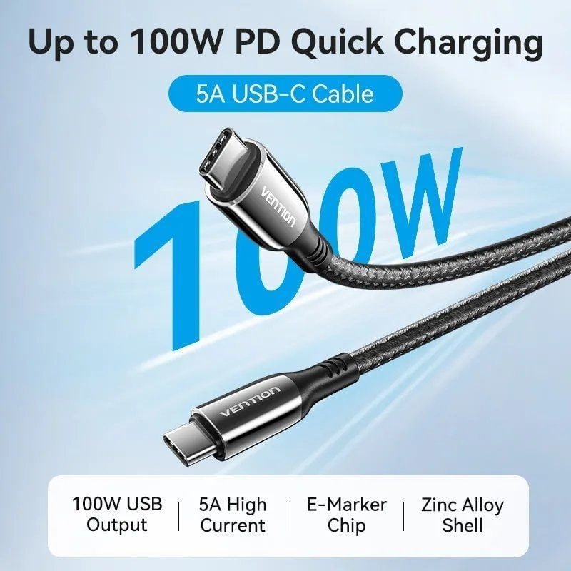 Cable USB 2.0 Tipo-C 5A 100W Vention CTKBH/ USB Tipo-C Macho - USB Tipo-C Macho/ Hasta 100W/ 480Mbps/ 2m/ Negro - изображение 2
