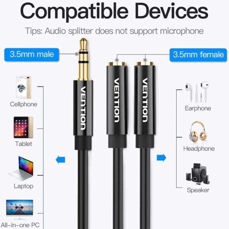Cable Estéreo Vention BBSBY/ Jack 3.5 Macho - 2x Jack 3.5 Hembra/ 30cm/ Negro - изображение 3