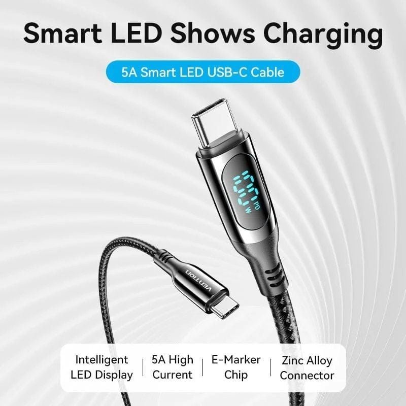 Cable USB 2.0 Tipo-C 5A 100W Vention TAYBAV/ USB Tipo-C Macho - USB Tipo-C Macho/ Hasta 100W/ 480Mbps/ 1.2m/ con Pantalla LED/ Negro - изображение 2