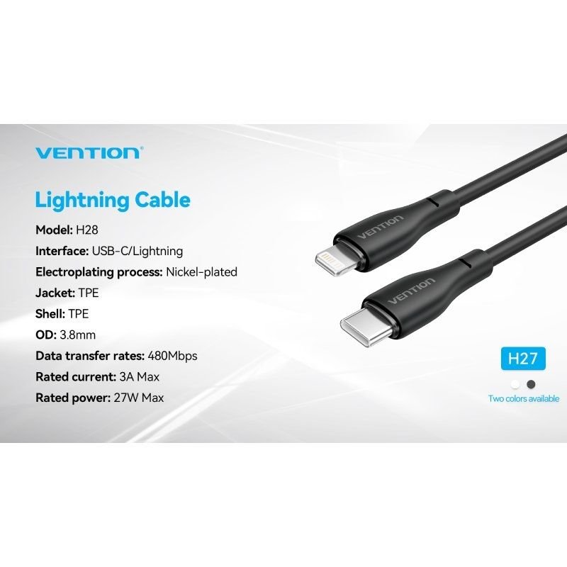 Cable USB Tipo-C Lightning Vention H28BF/ USB Tipo-C Macho - Lightning Macho/ 27W/ 480Mbps/ 1m/ Negro - изображение 3