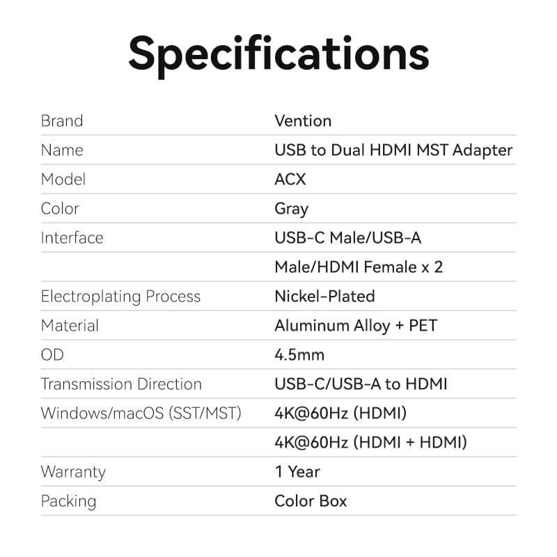 Conversor Vention ACXHB/ USB Tipo-C Macho/ USB Macho - 2x HDMI Hembra/ 15cm/ Gris - изображение 4