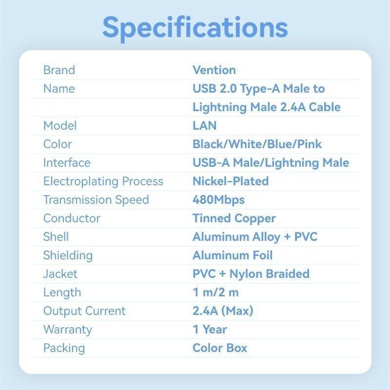 Cable USB 2.0 Lightning Vention LANSH/ USB Macho - Lightning Macho/ 480Mbps/ 2m/ Azul - изображение 3