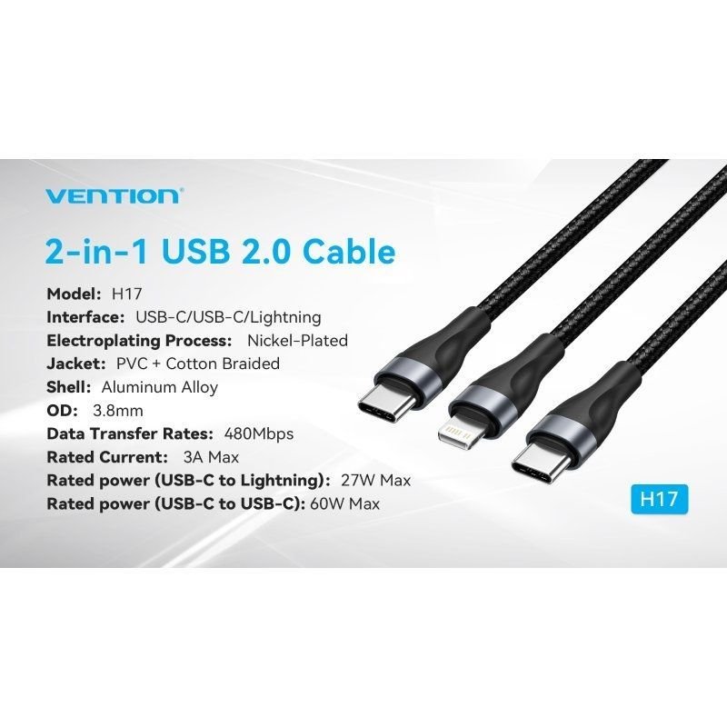 Cable USB Tipo-C Vention H17BAV/ USB Tipo-C Macho - Lightning Macho/ USB Tipo-C Macho/ 60W/ 480Mbps/ 1.2m/ Negro - изображение 3