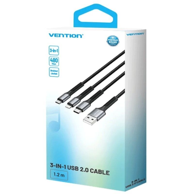 Cable USB 2.0 Lightning Vention H18BAV/ USB Tipo-C Macho/ Lightning Macho - MicroUSB Macho - USB Macho/ 1.2m/ Negro - изображение 2