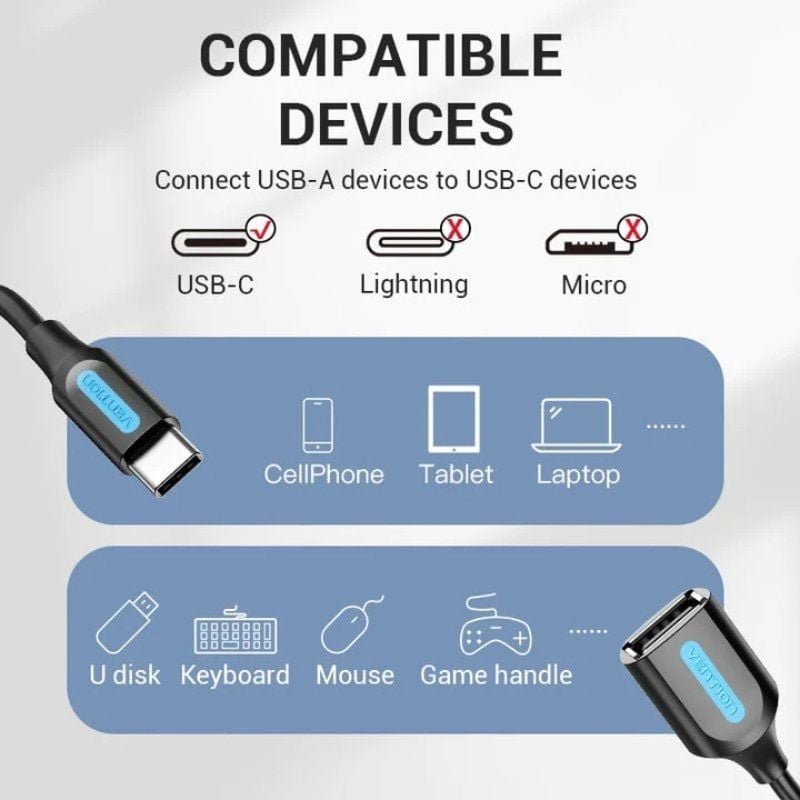 Cable USB 2.0 Vention CCSBB/ USB Tipo-C Macho - USB Hembra/ 15cm/ Negro - изображение 3