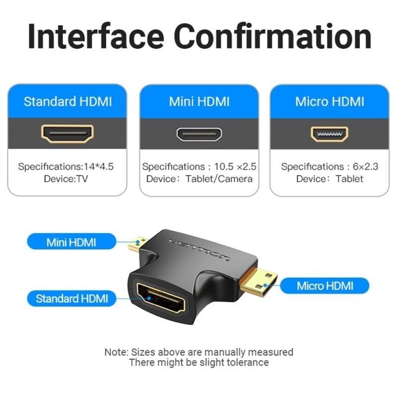 Adaptador HDMI 2 en 1 Vention AGFB0/ HDMI Hembra - Micro HDMI Macho - Mini HDMI Macho - изображение 2