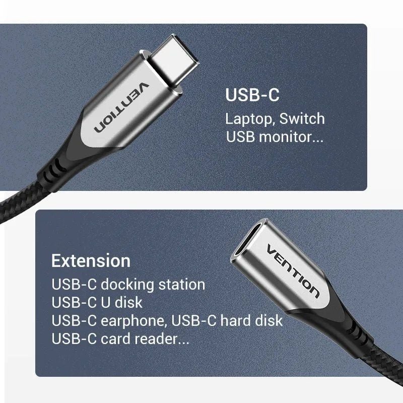 Cable Alargador USB 3.1 Tipo-C Vention TABHF/ USB Tipo-C Macho - USB Tipo-C Hembra/ Hasta 60W/ 5Gbps/ 1m/ Gris - изображение 4