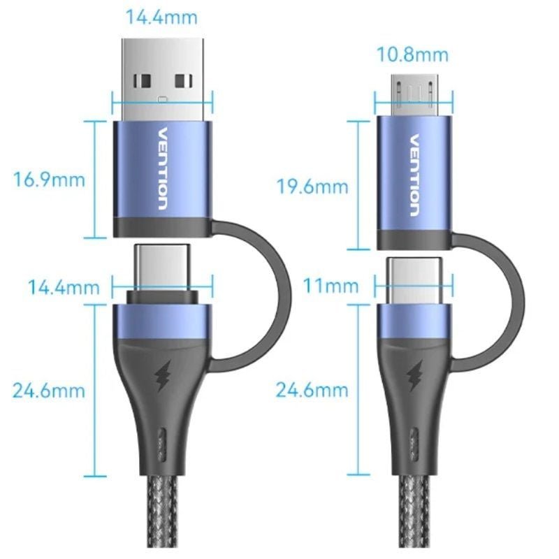 Cable USB 2.0 Tipo-C Vention CTLLF/ USB Tipo-C Macho - USB Macho/ MicroUSB Macho - USB Tipo-C Macho/ Hasta 100W/ 480Mbps/ 1m/ Negro y Azul - изображение 5
