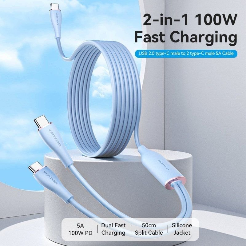 Cable USB Tipo-C Vention CTMSG/ USB Tipo-C Macho - 2 x USB Tipo-C Macho/ Hasta 100W/ 480Mbps/ 1.5m/ Azul - изображение 2