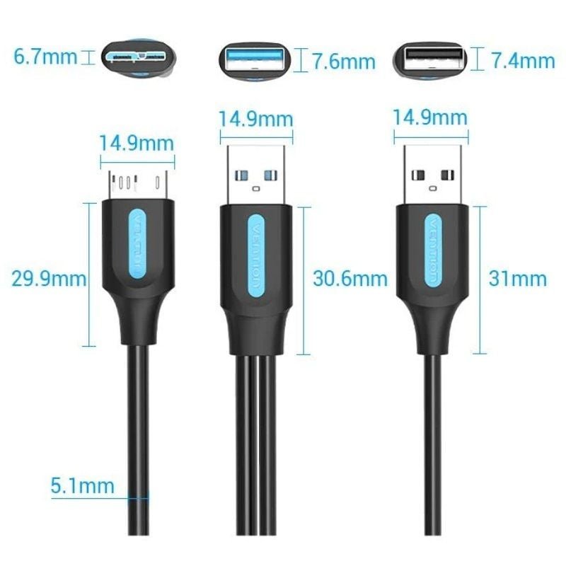 Cable USB 3.0 Vention CQPBF/ USB Macho - MicroUSB Macho/ USB 2.0 Macho/ 5Gbps/ 1m/ Negro - изображение 4