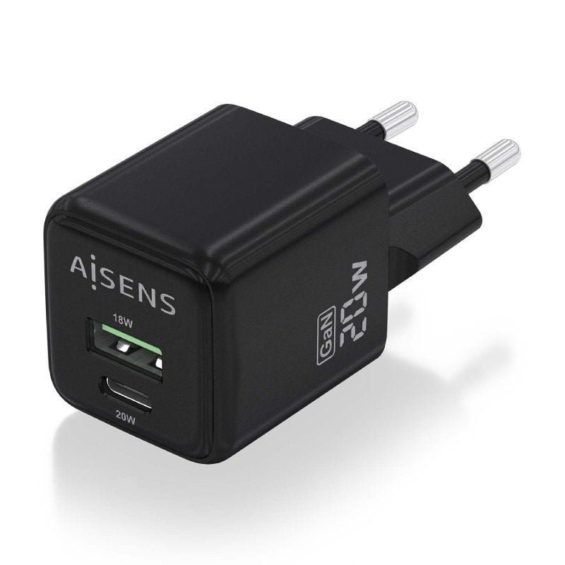Cargador de Pared GaN Aisens ASCH-20W2P011-BK/ 1xUSB Tipo-C/ 1xUSB/ 20W - изображение 2
