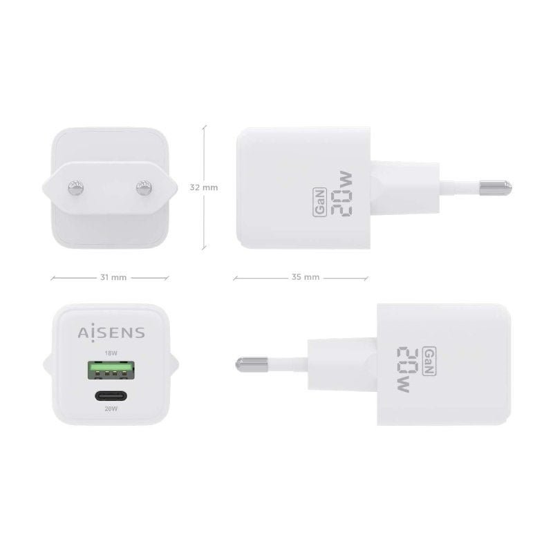 Cargador de Pared GaN Aisens ASCH-20W2P010-W/ 1xUSB Tipo-C/ 1xUSB/ 20W - изображение 4