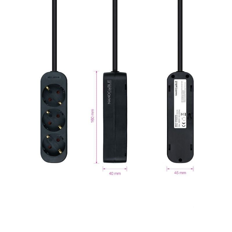 Regleta Nanocable 10.38.0003-NS-BK/ 3 Tomas de Corriente/ Cable 1.4m/ Negra - изображение 3