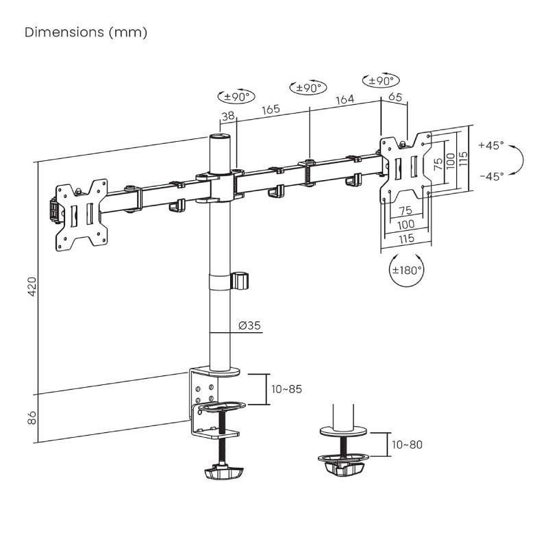 Soporte de Mesa para 2 Monitores Aisens DT32TSR-279/ Giratorio/ Inclinable/ hasta 10kg - изображение 4