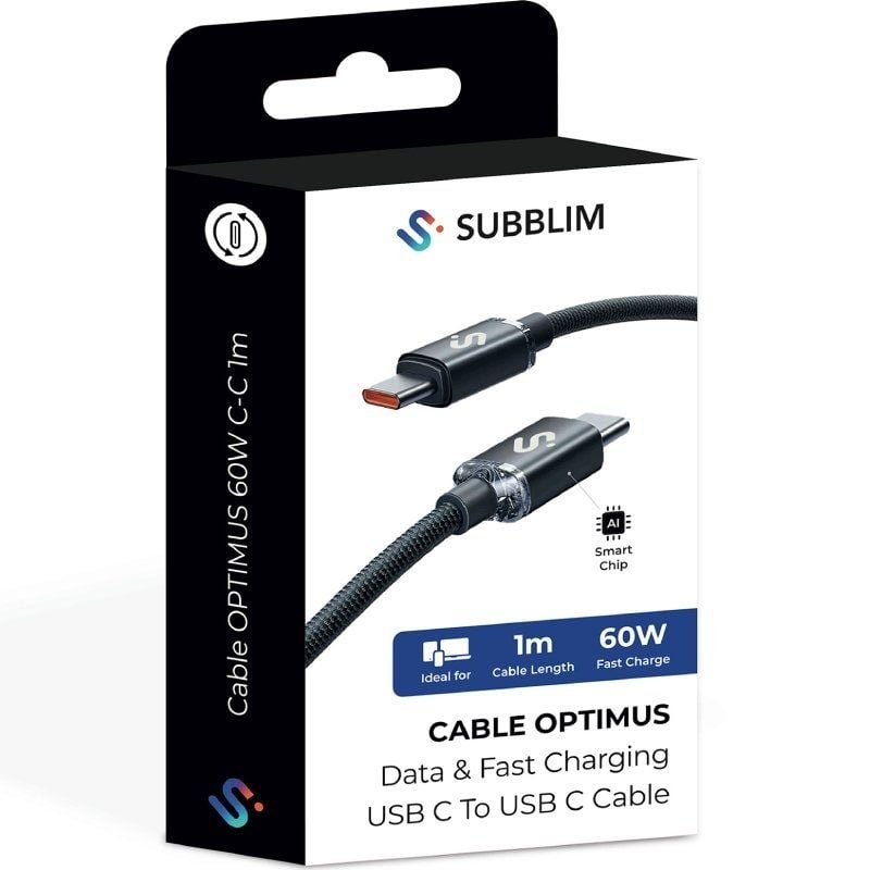 Cable USB 2.0 Tipo-C Subblim Optimus/ USB Tipo-C Macho - USB Tipo-C Macho/ Hasta 60W/ 480Mbps/ 1m/ Negro - изображение 5