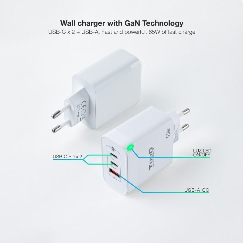 Cargador de Pared GaN TooQ TQWC-GANQC2PD65WT/ 2xUSB Tipo-C/ 1xUSB/ 65W - изображение 2