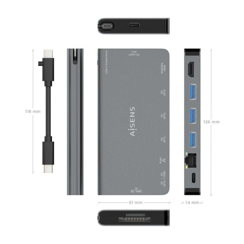 Docking USB Tipo-C Aisens ASUC-8P015-GR/ 1xHDMI/ 3xUSB/ 1xRJ45/ 1xLector Tarjetas / 1xUSB Tipo-C/ Gris - изображение 4