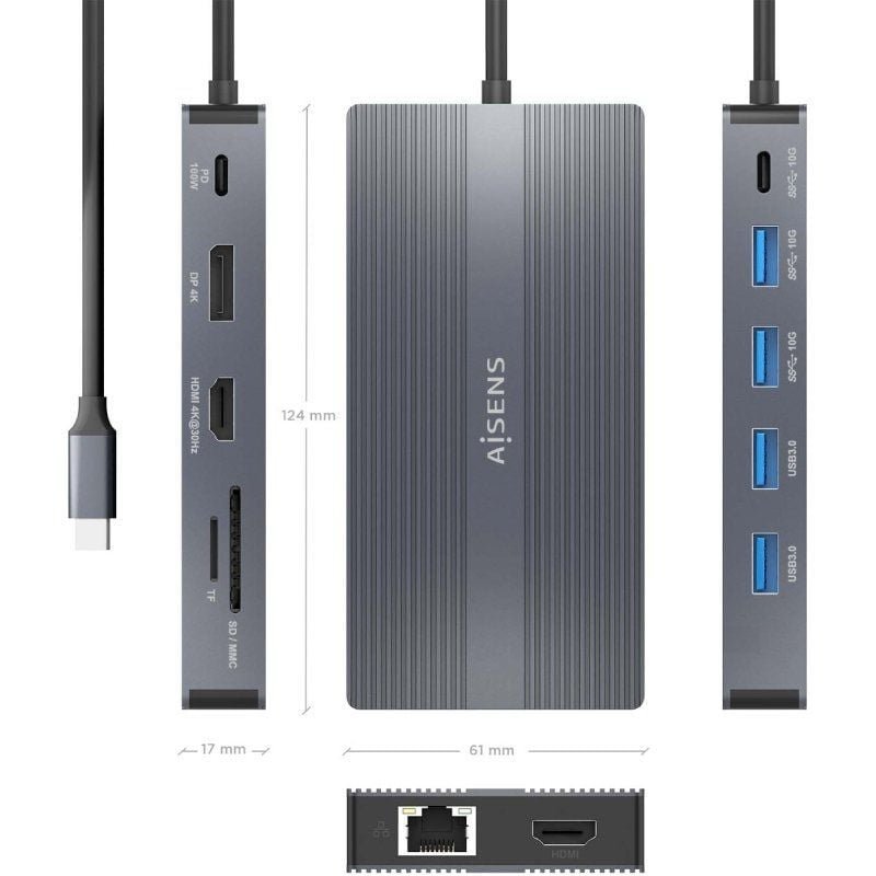 Docking USB Tipo-C Aisens ASUC-12P017-GR/ 2xHDMI/ 4xUSB/ 1xUSB Tipo-C/ 1xRJ45/ 1xDisplayPort/ 1xLector Tarjetas/ 1xUSB Tipo-C PD/ Gris - изображение 3