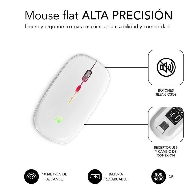 Ratón Inalámbrico por Bluetooth Subblim LED Dual Flat/ Batería recargable/ Hasta 1600 DPI/ Blanco - изображение 5