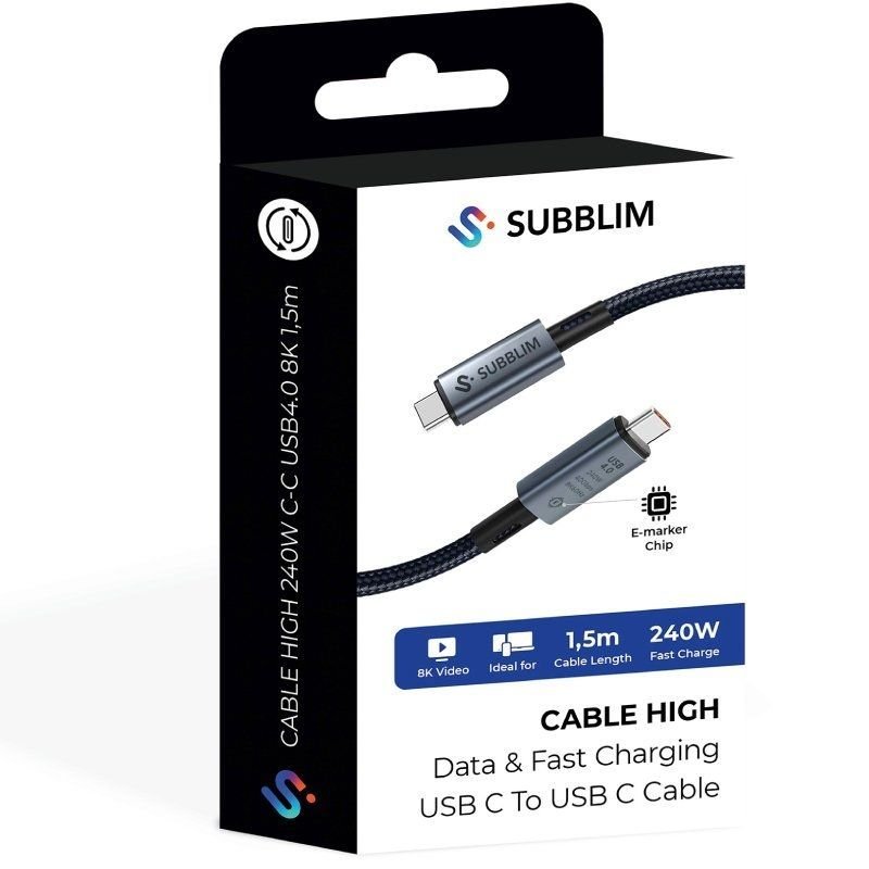Cable USB 4.0 Tipo-C Subblim Cable High/ USB Tipo-C Macho - USB Tipo-C Macho/ Hasta 240W/ 1.5m/ Negro - изображение 5