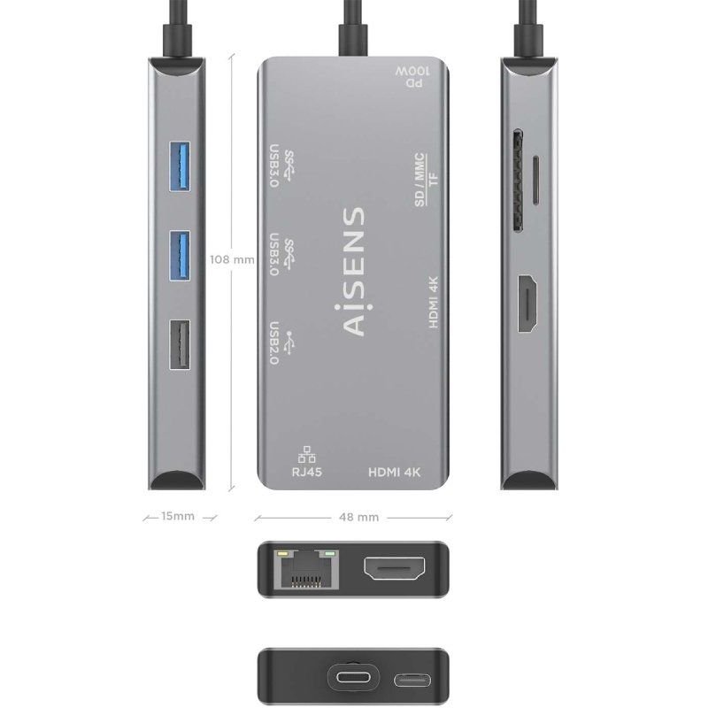 Docking USB Tipo-C Aisens ASUC-9P018-GR/ 2xHDMI/ 3xUSB/ 1xRJ45/ 1xLector Tarjetas/ 1xUSB Tipo-C PD/ Gris - изображение 3