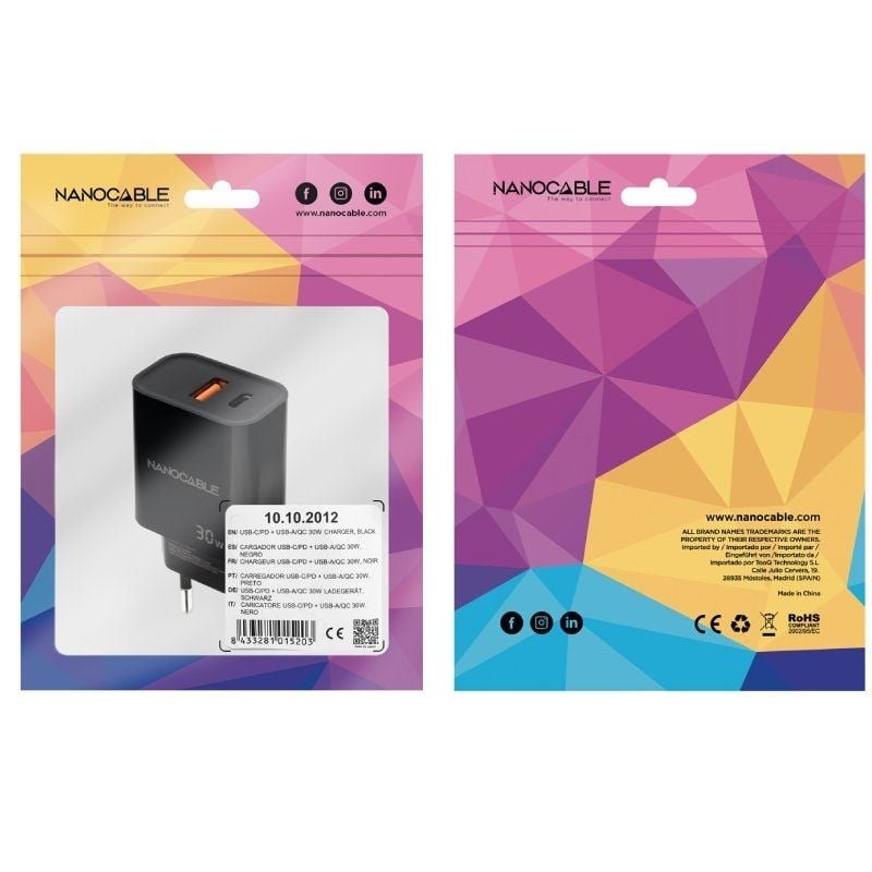 Cargador de Pared Nanocable 10.10.2012/ 1xUSB/ 1xUSB Tipo-C/ 30W/ Negro - изображение 2