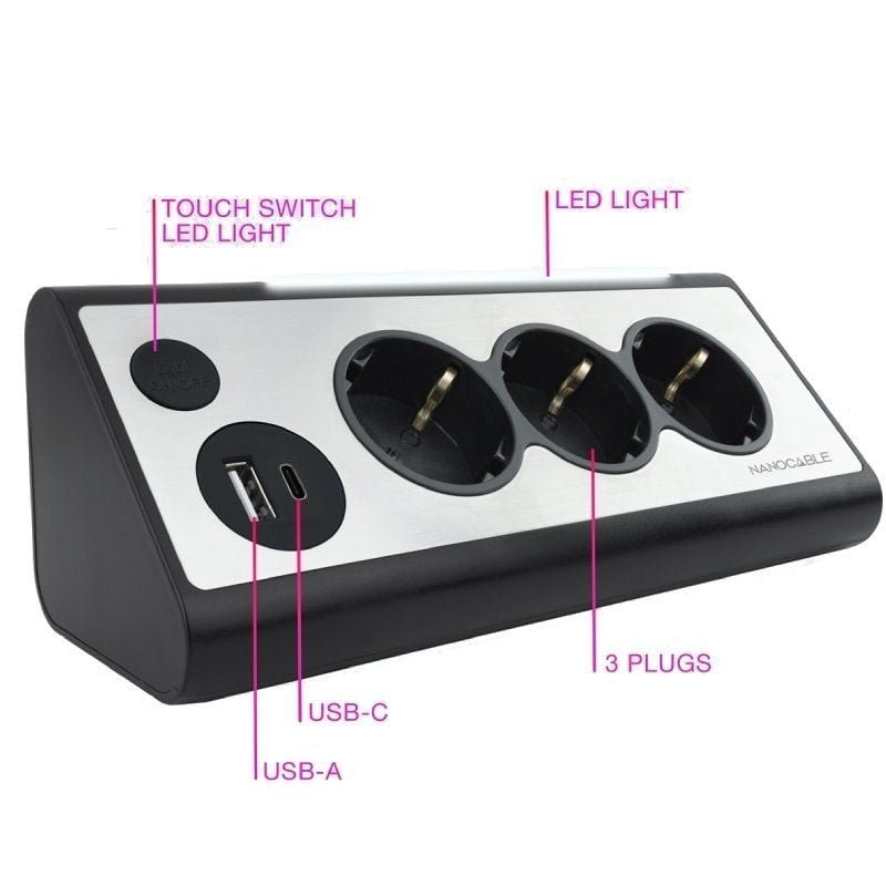 Regleta con Interruptor Nanocable 10.37.0013-BK/ 3 Tomas de Corriente/ 1 USB/ 1 USB Tipo C/ Cable 1.5m/ Negro - изображение 3