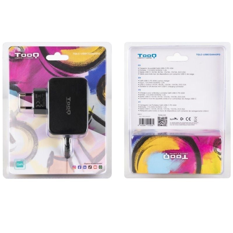 Cargador de Portátil GaN TooQ TQLC-USBCGAN45PD USB Tipo-C/ 45W/ Automático/ Voltaje 5-20V - изображение 3