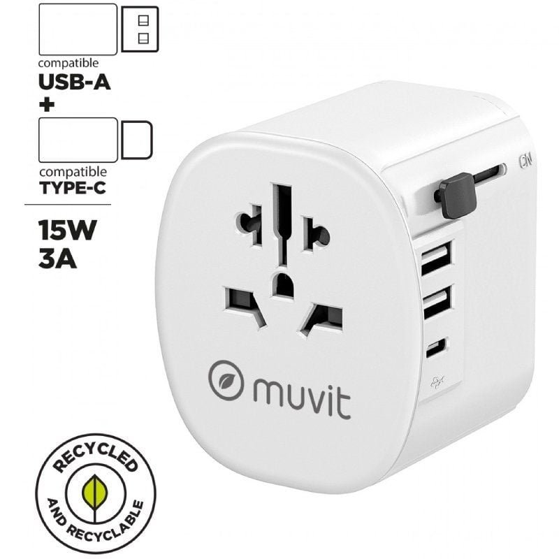 Cargador de Pared Universal Muvit For Change MCADP0006/ Toma de Corriente Universal/ 1xUSB Tipo-C/ 2xUSB/ 15W - изображение 2