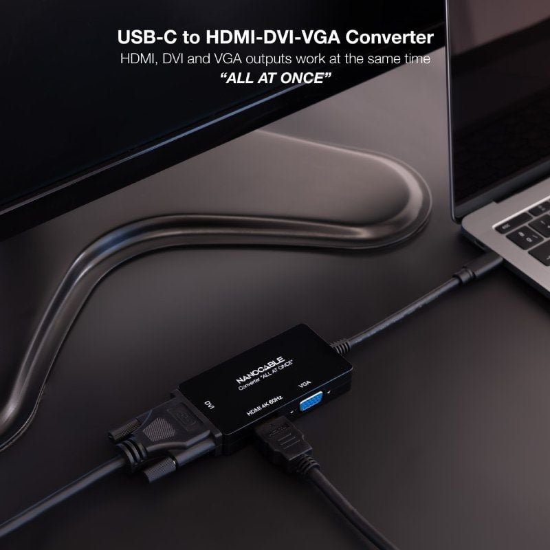 Conversor Nanocable 10.16.4301-ALL/ USB Tipo-C Macho - HDMI Hembra - DVI-I Hembra - VGA Hembra/ 20cm/ Negro - изображение 4